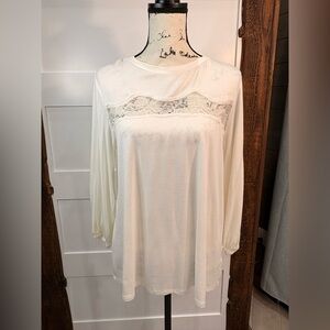 CY Fashion Lace Sheer Top L Cream Long Sleeve Stretch Lightweight Sexy NWOT